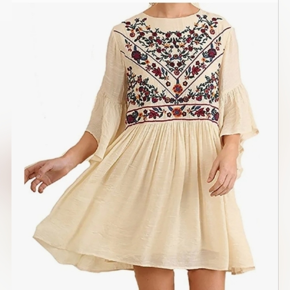 Umgee Boho Embroidered Mini Dress With Bell Sleeves.